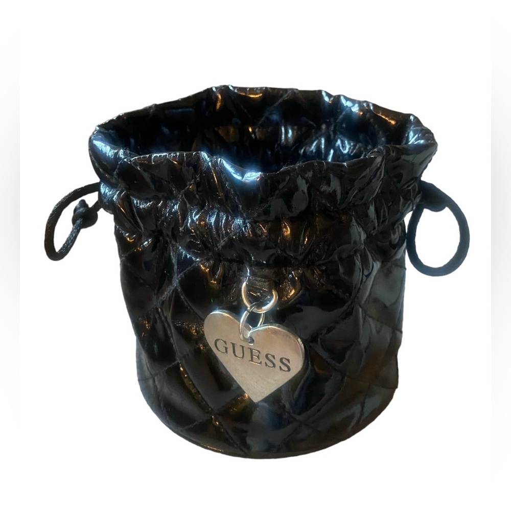 GUESS Mini Black Patent Leather Drawstring Quilted Pouch Silver Heart Logo Charm